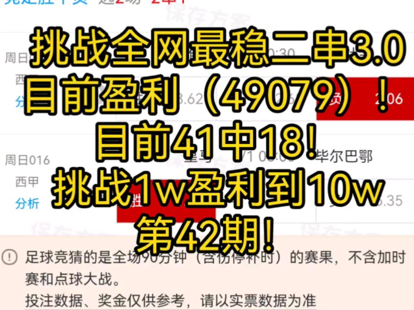 挑战全网最稳二串3.0目前盈利（49079）！目前41中18！挑战1w盈利到10w第42期！